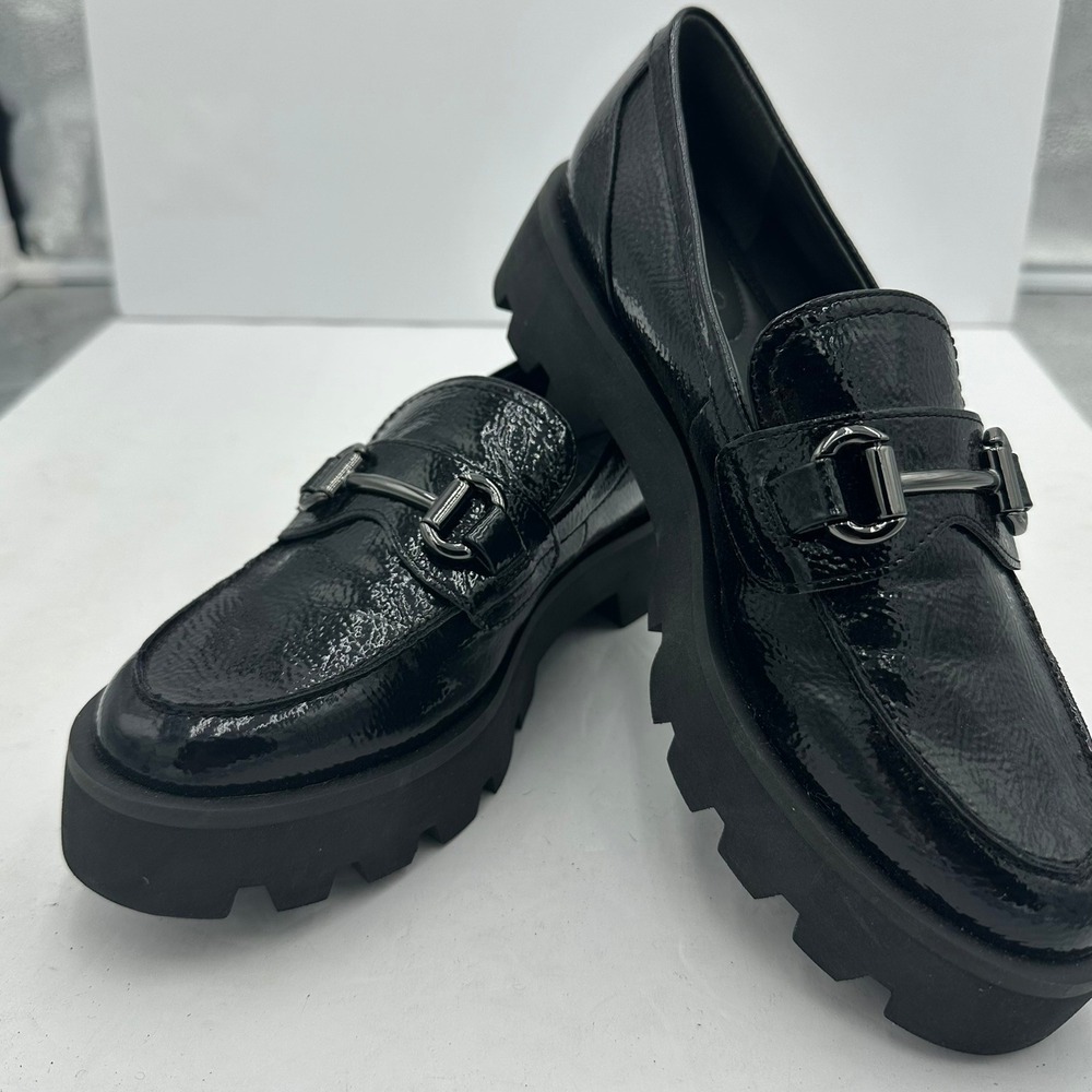 Franco Sarto Womens Y2K Chunky Heel Black Crinkle Patent Lug Sole Bit Loafers 7M